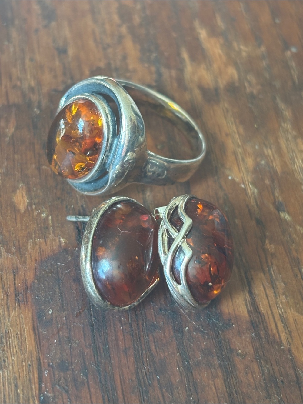 Vintage Valerio V8 Amber Ring & Earrings Set Poland 925 Sterling Silver